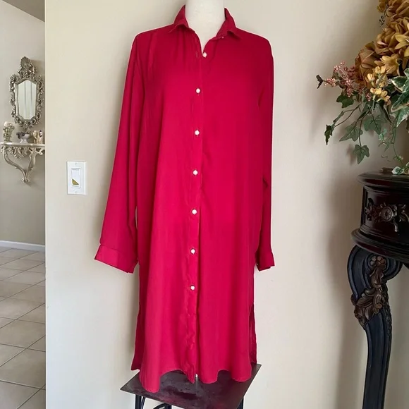 Red Button-Up Shirt Dress Kurti kameez tunic - Picture 1 of 6